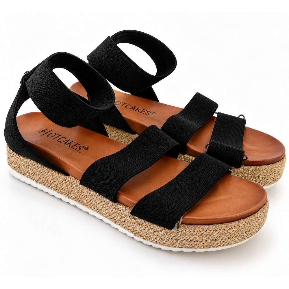 HOTCAKES Girls 13 Shoes Sandals Stretch Straps Black Platform Vacation Strappy